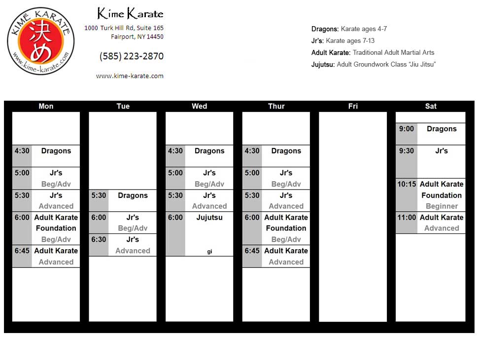 Karate class schedule
